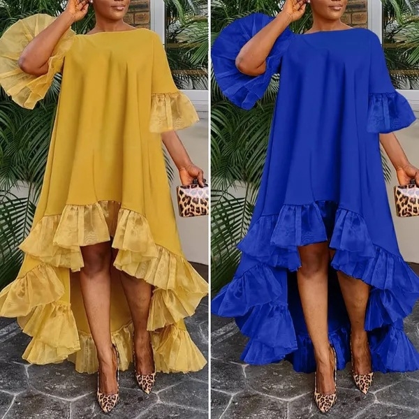 Rochie lungă din dantelă cusută, tiv inegal, lungime maxi, guler rotund, amestec poliester/elastan