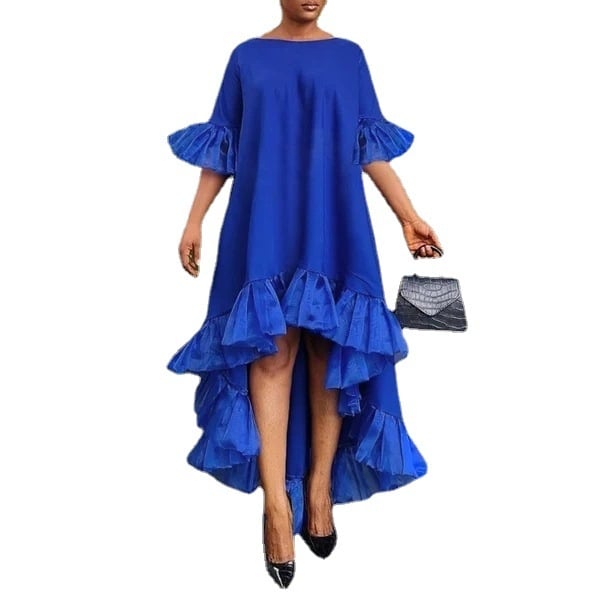 Rochie lungă din dantelă cusută, tiv inegal, lungime maxi, guler rotund, amestec poliester/elastan