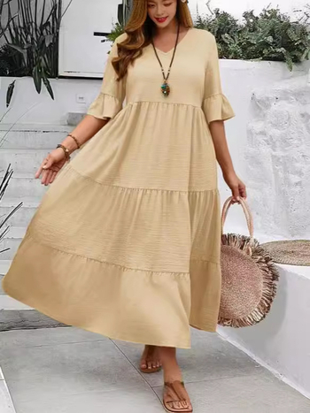 Φόρεμα με V‑λαιμό, πάνελ ραφές, μανίκια μπούφλε, μίντι μήκος, φαρδιά μέση, ύφασμα από μίξη οργανικού βαμβακιού και λίνου