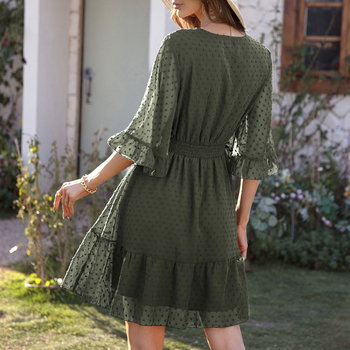 Φόρεμα chiffon με πουά, Α-γραμμή, V-λαιμόκοψη, μεσαίου μήκους