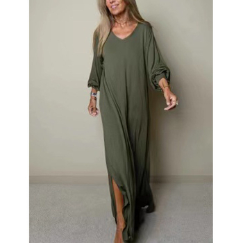 Μακρύ μεταξωτό φόρεμα με V-λαιμό, φανάρια μανίκια, σκίσιμο – casual μονόχρωμο pull-on φόρεμα (Άνοιξη 2023)