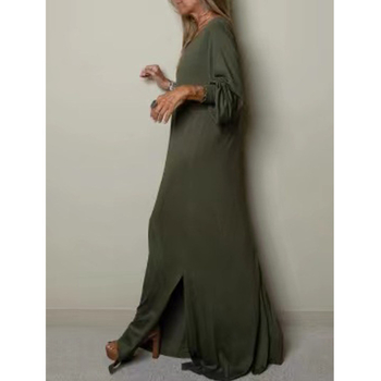 Μακρύ μεταξωτό φόρεμα με V-λαιμό, φανάρια μανίκια, σκίσιμο – casual μονόχρωμο pull-on φόρεμα (Άνοιξη 2023)