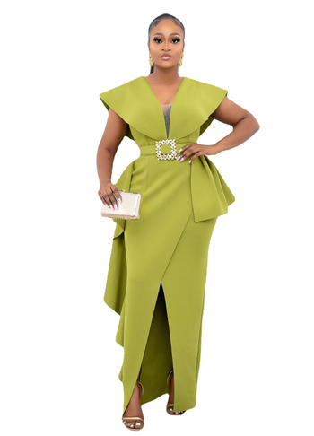 Φόρεμα με ακανόνιστη μακριά φούστα, V-λαιμό, ψηλή μέση, κοντά μανίκια, πολυεστερικό ύφασμα