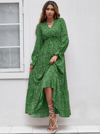 Φόρεμα με πουά μοτίβο, V-λαιμό, Α-γραμμή, μακριά μανίκια, πολυεστέρας