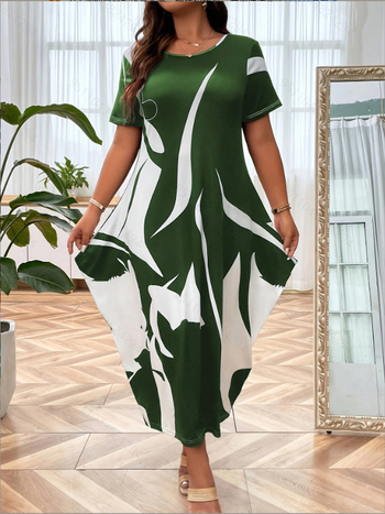 rochie lungă cu fustă tip felinar, imprimeu geometric, guler rotund, mâneci scurte, material poliester-elastan