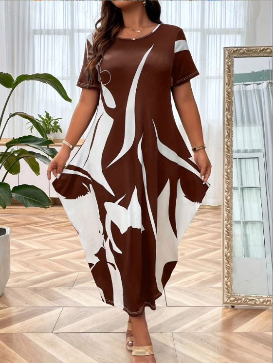 rochie lungă cu fustă tip felinar, imprimeu geometric, guler rotund, mâneci scurte, material poliester-elastan