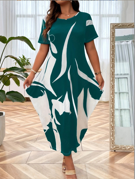 rochie lungă cu fustă tip felinar, imprimeu geometric, guler rotund, mâneci scurte, material poliester-elastan