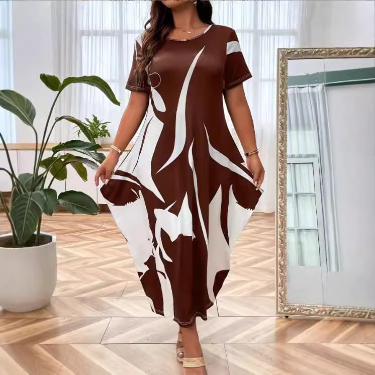 rochie lungă cu fustă tip felinar, imprimeu geometric, guler rotund, mâneci scurte, material poliester-elastan