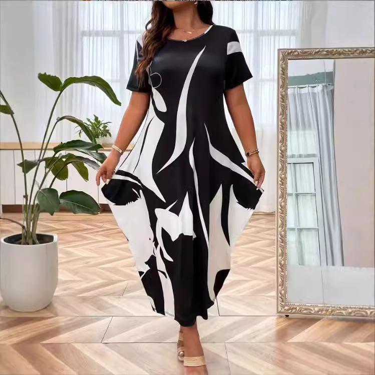rochie lungă cu fustă tip felinar, imprimeu geometric, guler rotund, mâneci scurte, material poliester-elastan