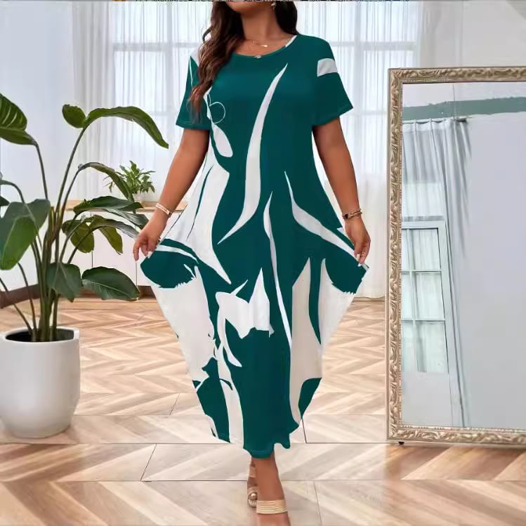 rochie lungă cu fustă tip felinar, imprimeu geometric, guler rotund, mâneci scurte, material poliester-elastan