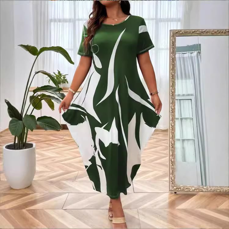 rochie lungă cu fustă tip felinar, imprimeu geometric, guler rotund, mâneci scurte, material poliester-elastan