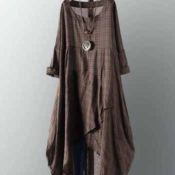Rochie din poliester, imprimeu în carouri, margine neregulată, guler rotund, lungime midi