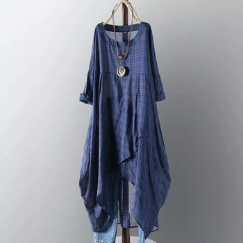 Φόρεμα από πολυεστέρα, καρό μοτίβο, ακανόνιστο τελείωμα, στρογγυλός λαιμός, μεσαίο μήκος