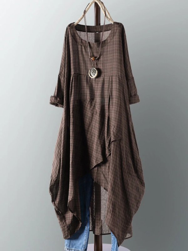 Rochie din poliester, imprimeu în carouri, margine neregulată, guler rotund, lungime midi