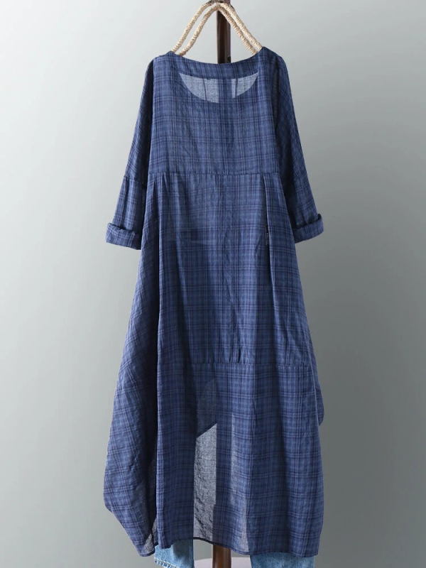 Rochie din poliester, imprimeu în carouri, margine neregulată, guler rotund, lungime midi
