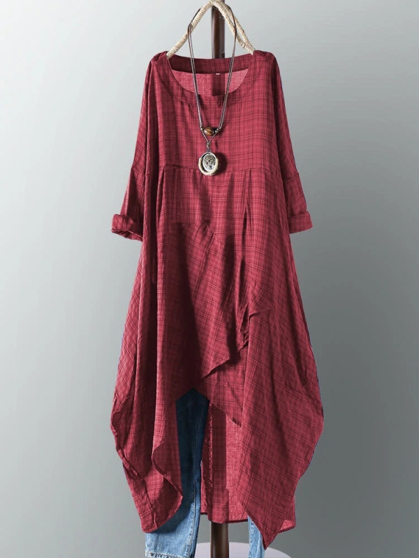 Rochie din poliester, imprimeu în carouri, margine neregulată, guler rotund, lungime midi