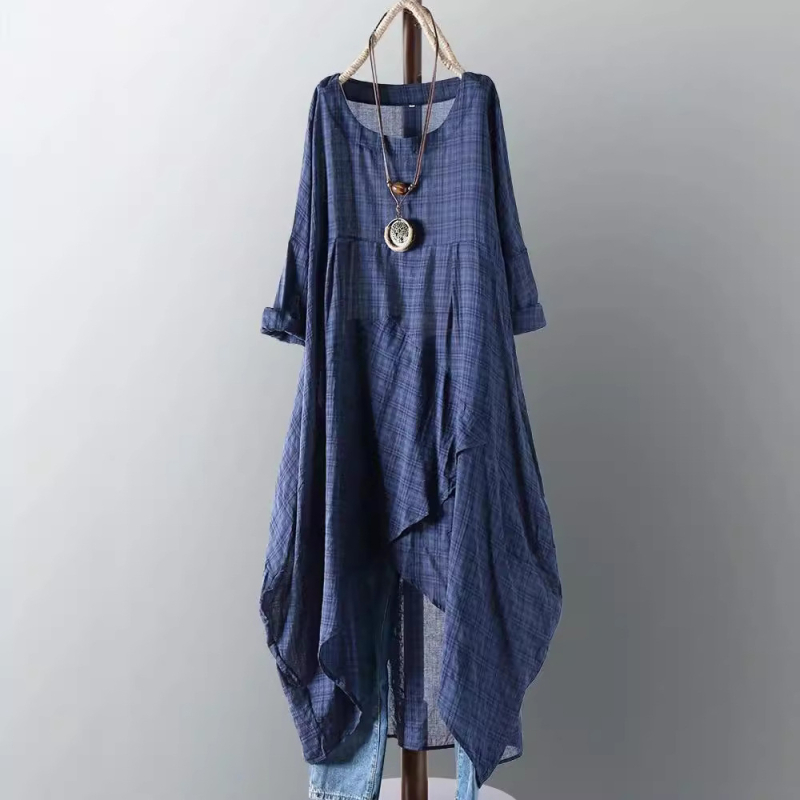 Rochie din poliester, imprimeu în carouri, margine neregulată, guler rotund, lungime midi