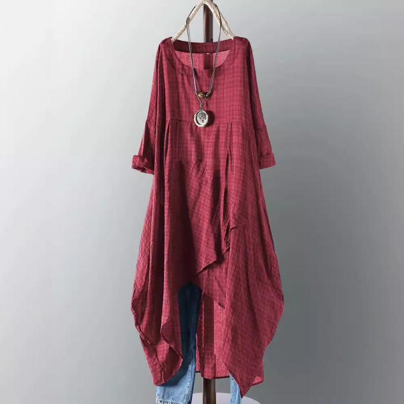 Rochie din poliester, imprimeu în carouri, margine neregulată, guler rotund, lungime midi