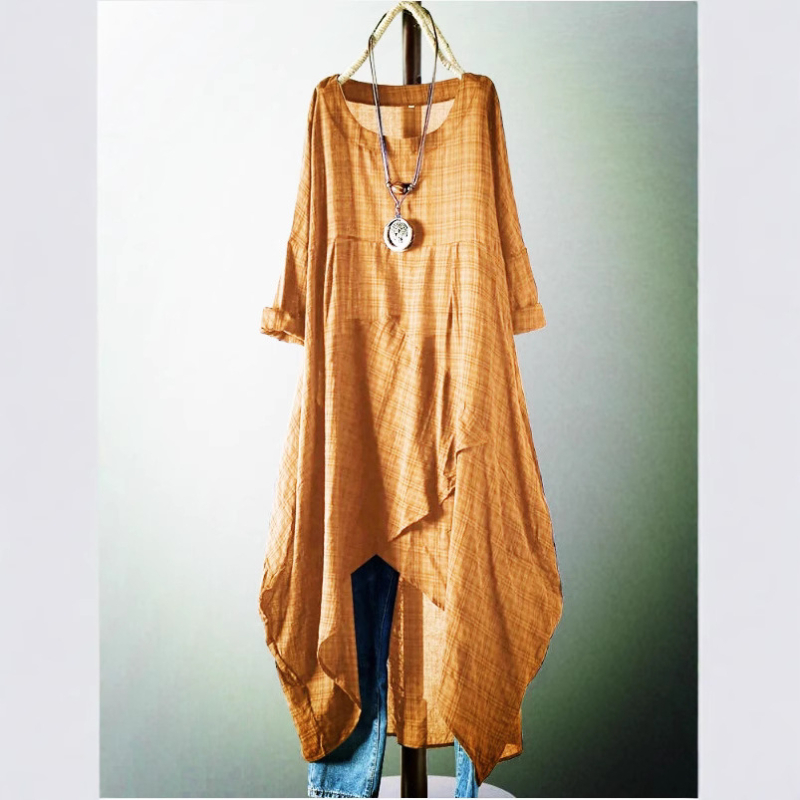 Rochie din poliester, imprimeu în carouri, margine neregulată, guler rotund, lungime midi