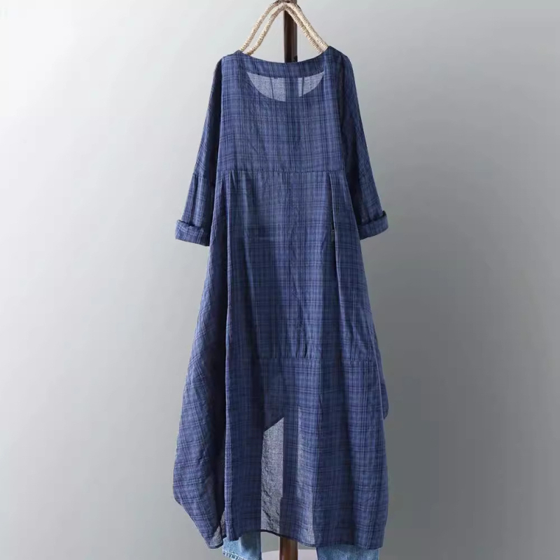 Rochie din poliester, imprimeu în carouri, margine neregulată, guler rotund, lungime midi