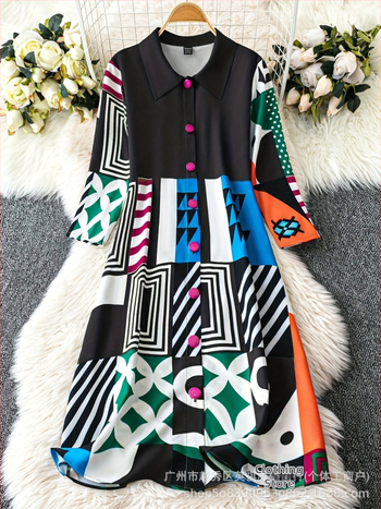 Φόρεμα-πουκάμισο με πιέτες – μποέμ ρετρό στυλ, midi Α-γραμμή, γιακά πέτο, μανίκια 3/4, πολυεστέρας με ελαστάνη