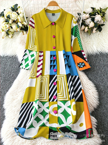 Φόρεμα-πουκάμισο με πιέτες – μποέμ ρετρό στυλ, midi Α-γραμμή, γιακά πέτο, μανίκια 3/4, πολυεστέρας με ελαστάνη