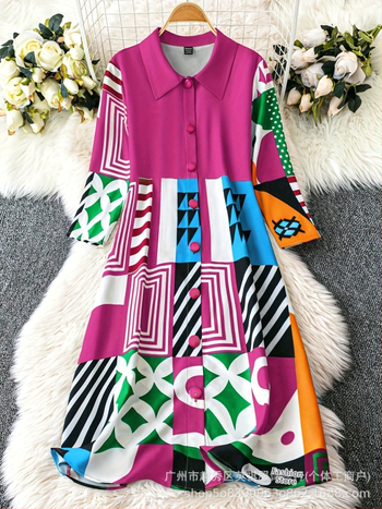 Φόρεμα-πουκάμισο με πιέτες – μποέμ ρετρό στυλ, midi Α-γραμμή, γιακά πέτο, μανίκια 3/4, πολυεστέρας με ελαστάνη