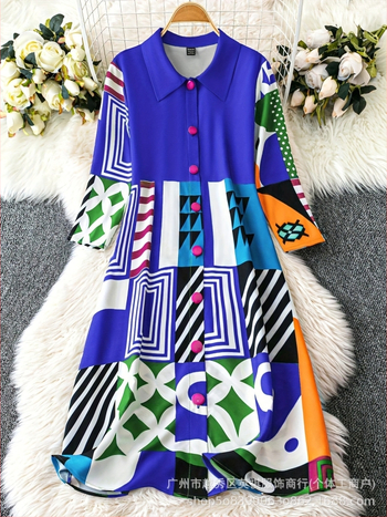 Φόρεμα-πουκάμισο με πιέτες – μποέμ ρετρό στυλ, midi Α-γραμμή, γιακά πέτο, μανίκια 3/4, πολυεστέρας με ελαστάνη