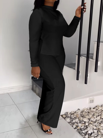 Дамски панталонен костюм, плетен, едноцветен модел, полиестер със спандекс, дълги ръкави