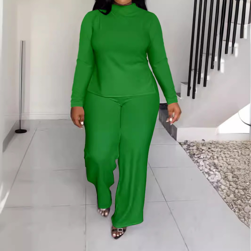 Дамски панталонен костюм, плетен, едноцветен модел, полиестер със спандекс, дълги ръкави