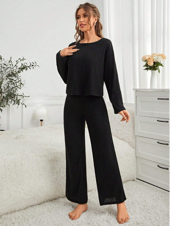 Jacquard πολυεστέρας καθημερινό σετ με μακριά μανίκια, στρογγυλή λαιμόκοψη και ριμπ παντελόνια, ιαπωνο-κορεατικό στυλ χαλάρωσης