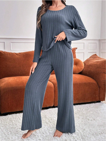 Jacquard πολυεστέρας καθημερινό σετ με μακριά μανίκια, στρογγυλή λαιμόκοψη και ριμπ παντελόνια, ιαπωνο-κορεατικό στυλ χαλάρωσης