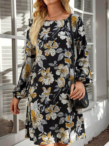 Rochie florală cu imprimeu digital, din bumbac-poliester, guler rotund și mâneci lungi, lungime midi.