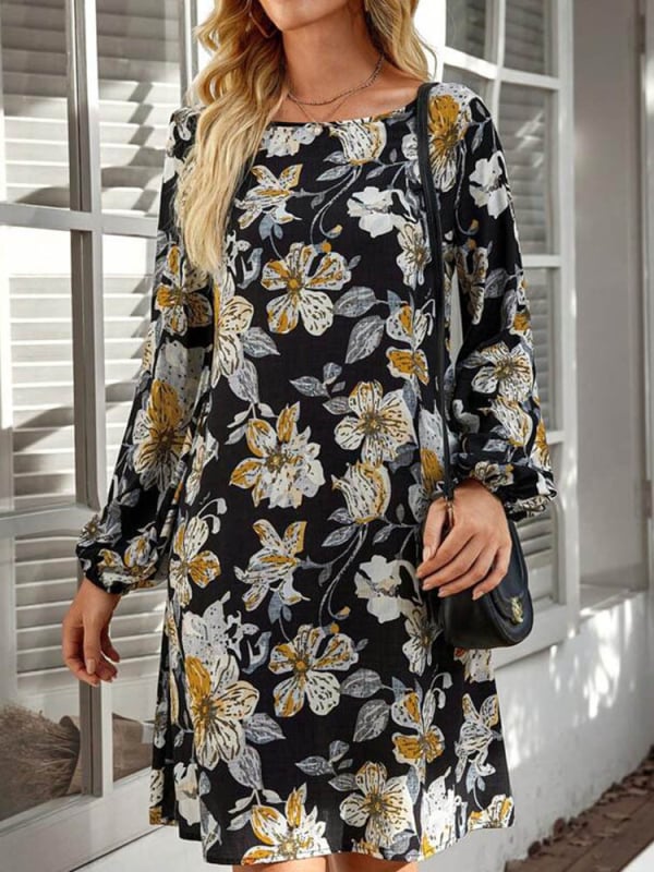 Rochie florală cu imprimeu digital, din bumbac-poliester, guler rotund și mâneci lungi, lungime midi.