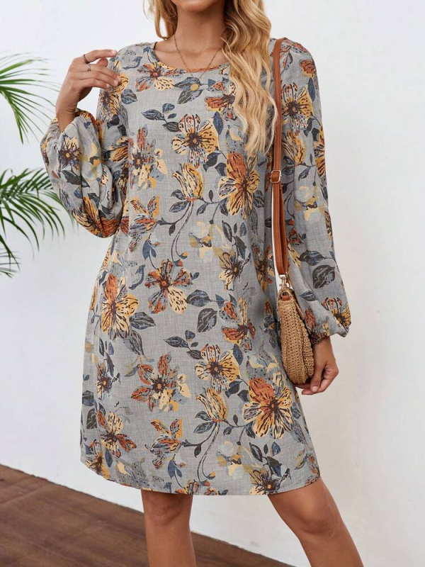 Rochie florală cu imprimeu digital, din bumbac-poliester, guler rotund și mâneci lungi, lungime midi.