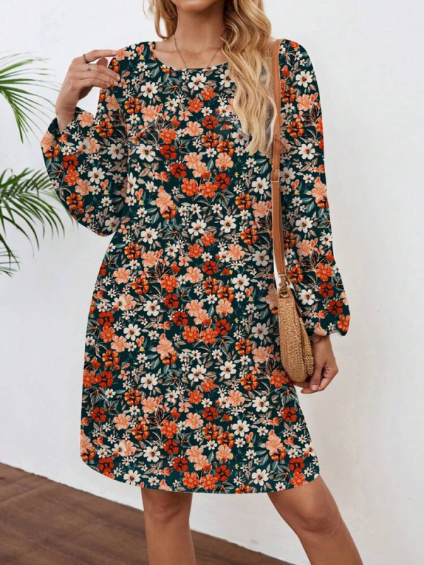 Rochie florală cu imprimeu digital, din bumbac-poliester, guler rotund și mâneci lungi, lungime midi.