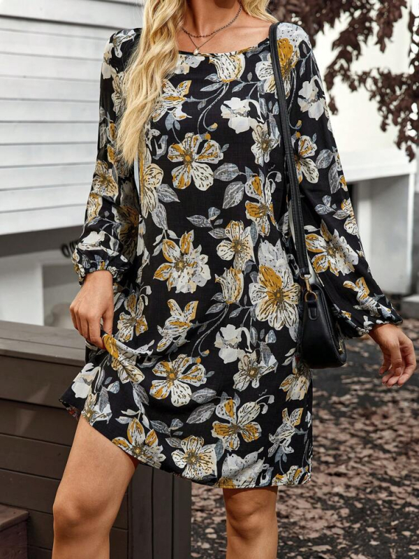 Rochie florală cu imprimeu digital, din bumbac-poliester, guler rotund și mâneci lungi, lungime midi.