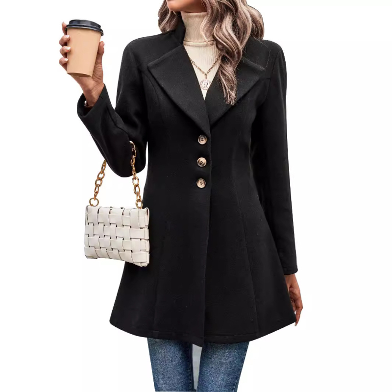 Moteriškas poliesterio ir spandekso švarkas — apykaklė su lapeliu, liemens įtemptas kirpimas, vidutinio ilgio, ilgomis rankovėmis