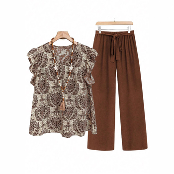 Γυναικείο παντελόνι-κοστούμι με φλοράλ εκτύπωση, πολυεστέρας, αγροτικό στυλ, άνοιξη 2025, 95% πολυεστέρας
