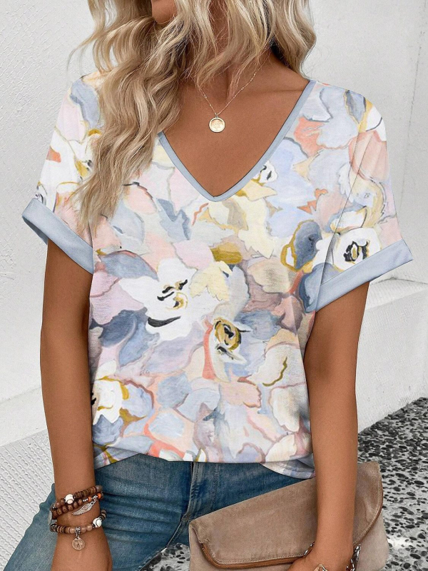 Tricou cu model graffiti, decolteu în V, mâneci scurte, poliester 95%+