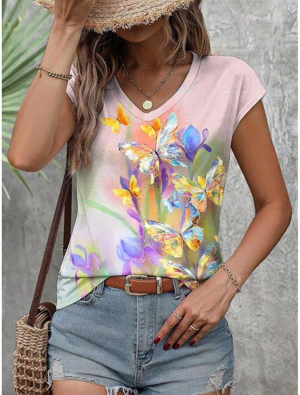 Tricou cu model graffiti, decolteu în V, mâneci scurte, poliester 95%+