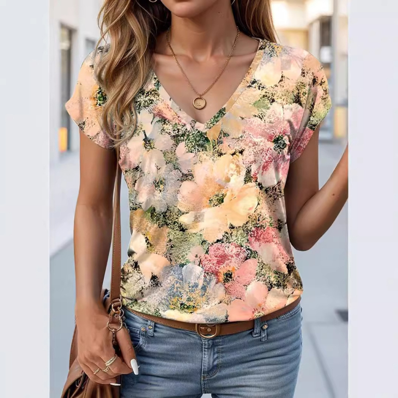 Tricou cu model graffiti, decolteu în V, mâneci scurte, poliester 95%+