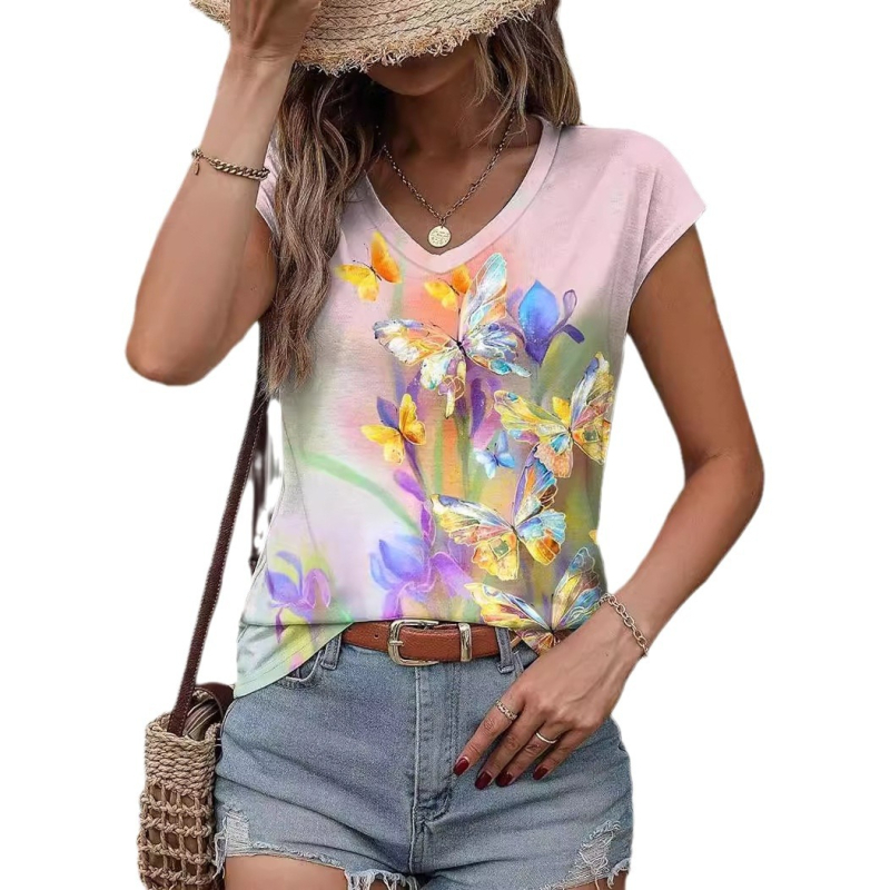 Tricou cu model graffiti, decolteu în V, mâneci scurte, poliester 95%+