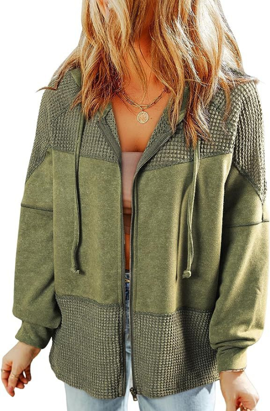 Cardigan cu glugă, textură waffle, croială lejeră, poliester, stil japonez/coreean casual