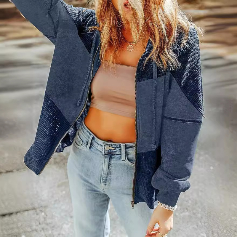 Cardigan cu glugă, textură waffle, croială lejeră, poliester, stil japonez/coreean casual