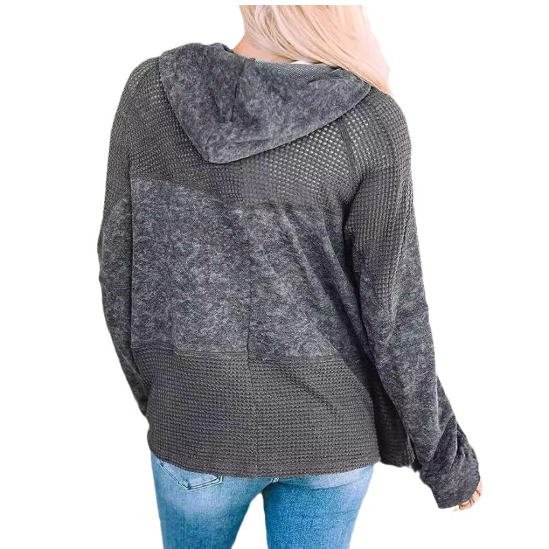 Cardigan cu glugă, textură waffle, croială lejeră, poliester, stil japonez/coreean casual