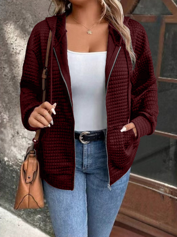 Női waffel mintázatú kapucnis cipzáros pulóverdzseki, bő szabású, középhosszú, poliészter