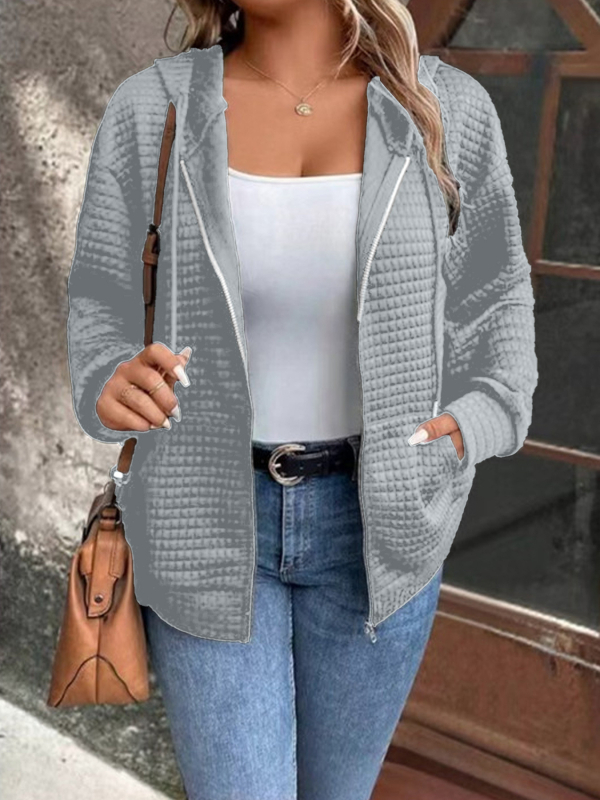 Női waffel mintázatú kapucnis cipzáros pulóverdzseki, bő szabású, középhosszú, poliészter