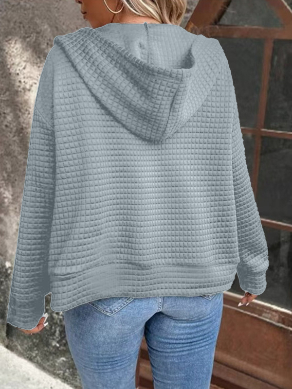 Női waffel mintázatú kapucnis cipzáros pulóverdzseki, bő szabású, középhosszú, poliészter