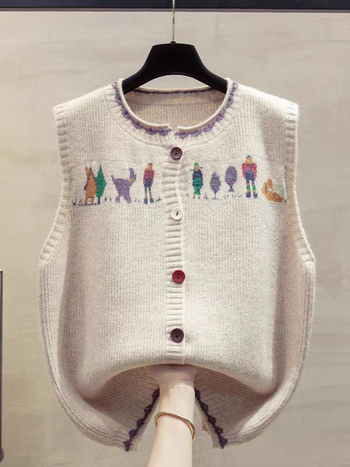 Γυναικείο γιλέκο από μάλλινο πλεκτό ζακάρ, μοτίβο anime, στρογγυλός λαιμός, άνετη γραμμή, φθινόπωρο 2024